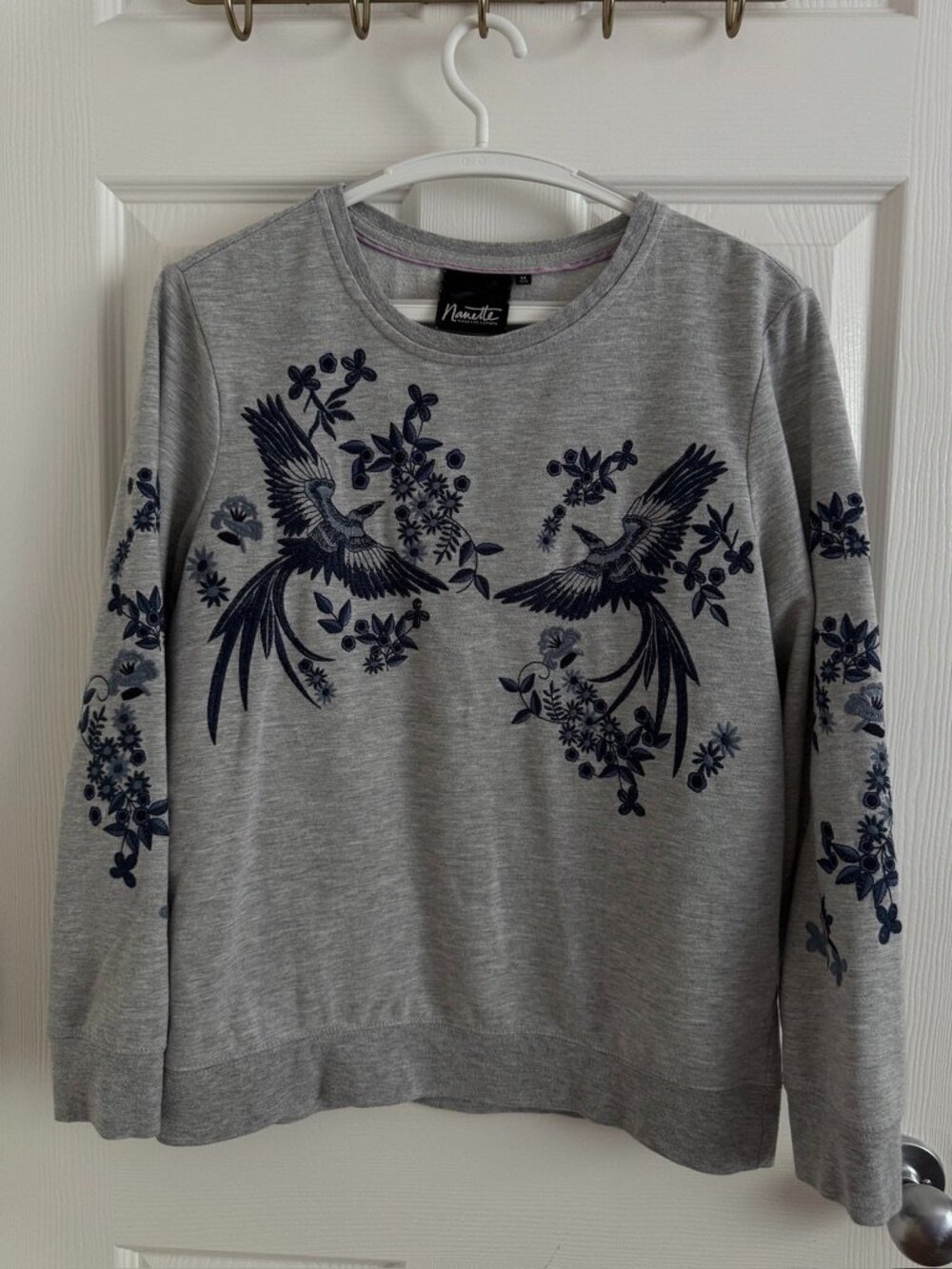 Grey Crewneck with Blue Embroidered Phoenixes and Other Details